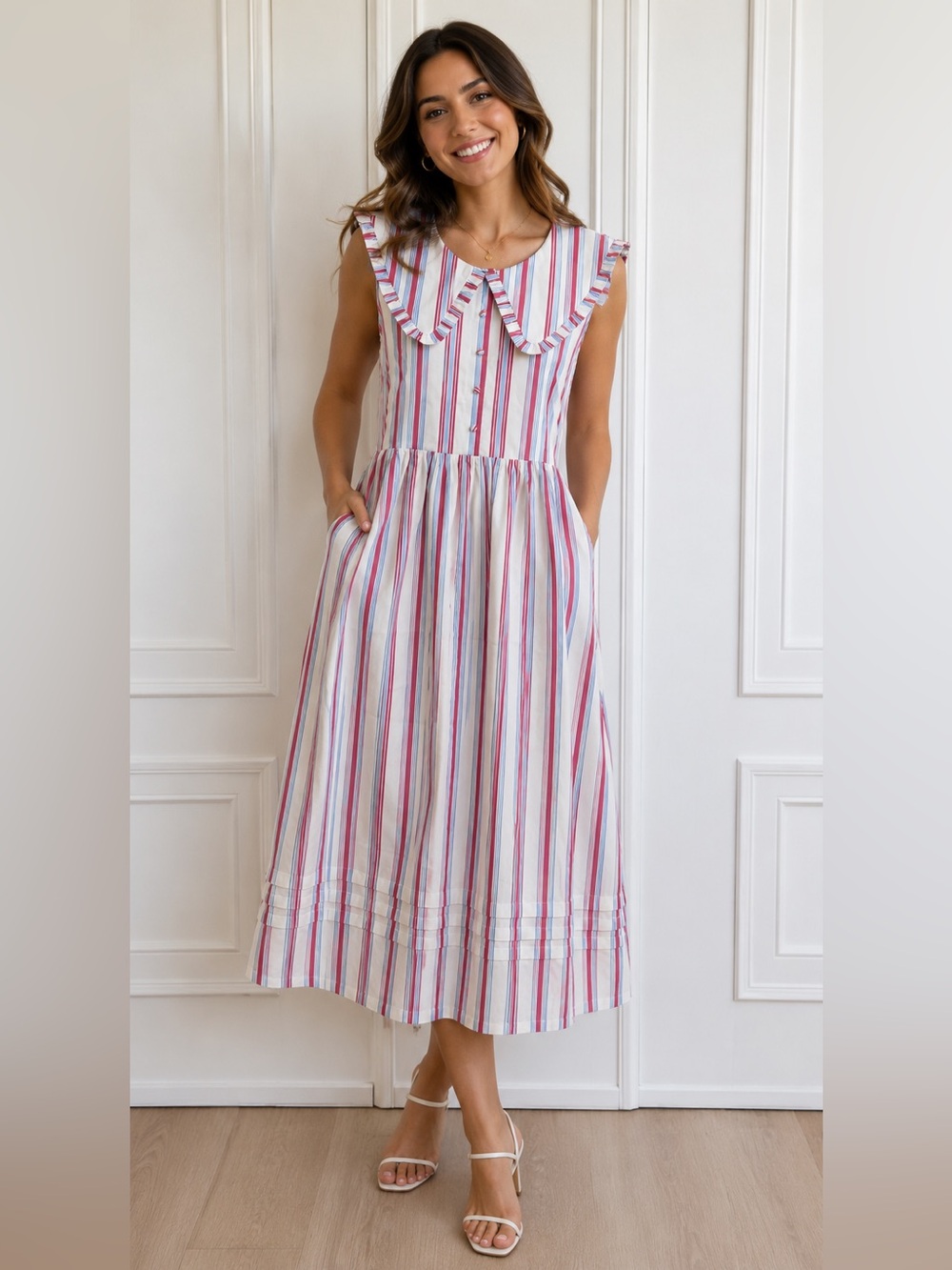 Caroline Constas White Dress with Pink and Blue Stripes